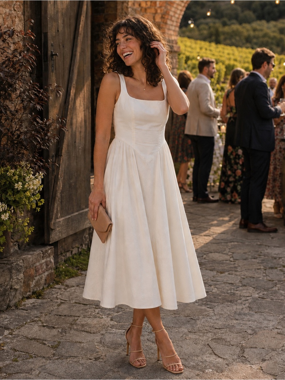 NWT WAYF Ivory Square Neck Basque Waist Midi Dress XS